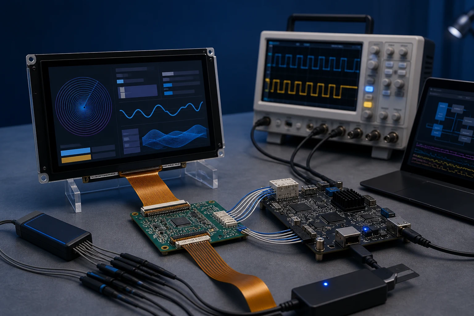 Display module connected to driver electronics and firmware debugging tools