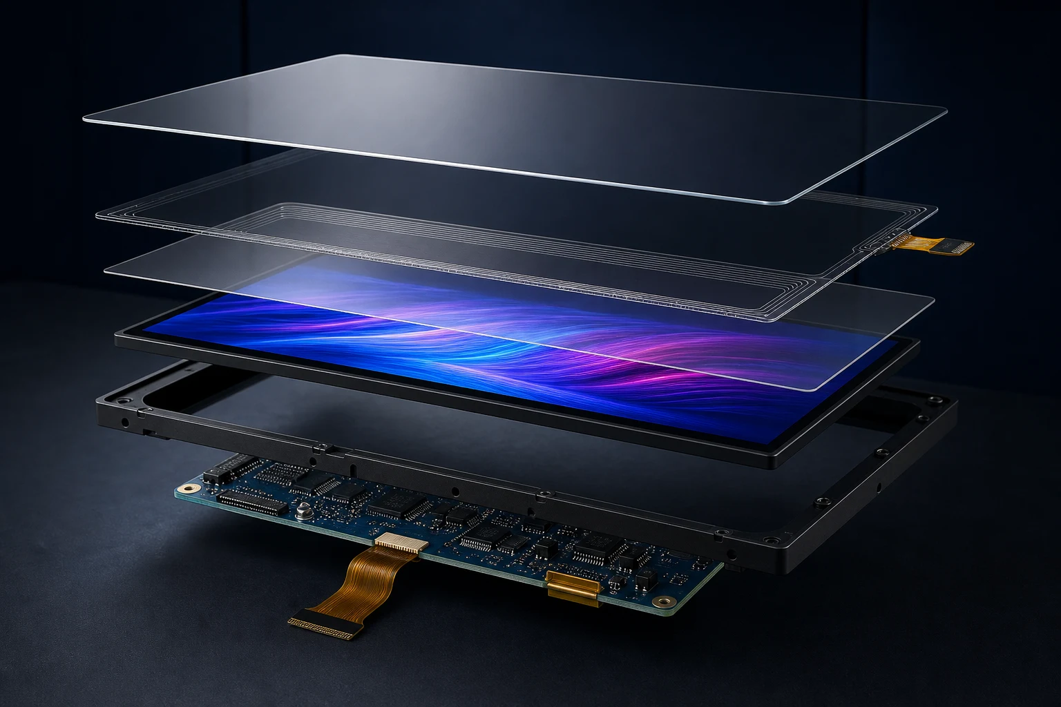 Exploded display stack showing cover lens, touch layer and display module